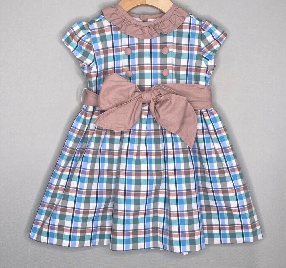 Bailey Boys Blue/Tan Plaid Ruffle Sash Party Dress Girls 3T